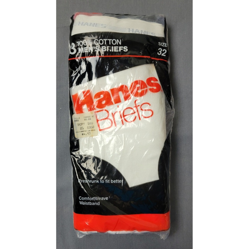 Vintage 1989 Hanes Mens Briefs 3 Pack White 100% Cotton Size 32 Deadstock 2249